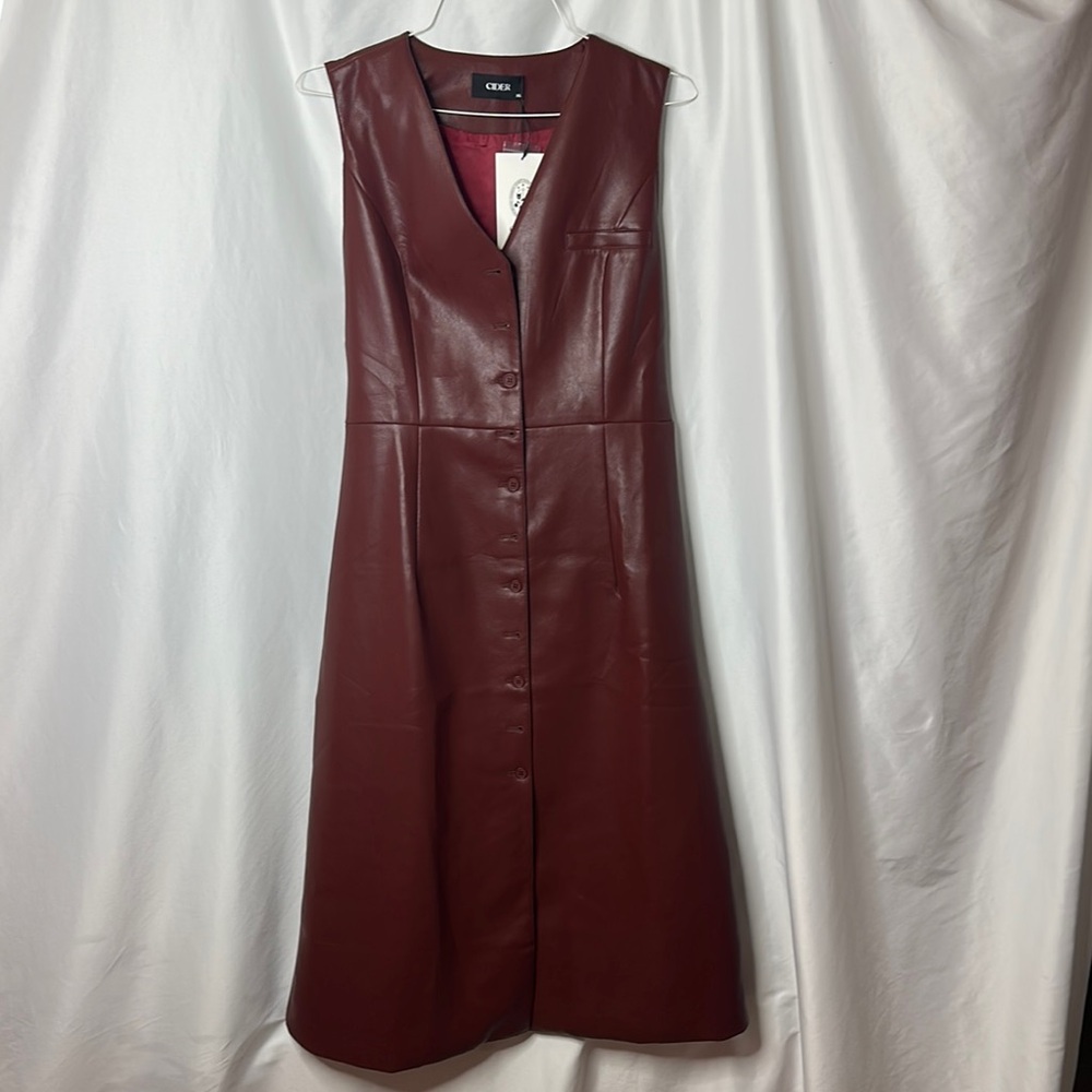 Cider Burgundy Wine Red Belted Faux Leather V-neck Sheath Midi Dress Button